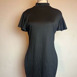 Black Fitted Dress with Short Sleeves and Mock Neck